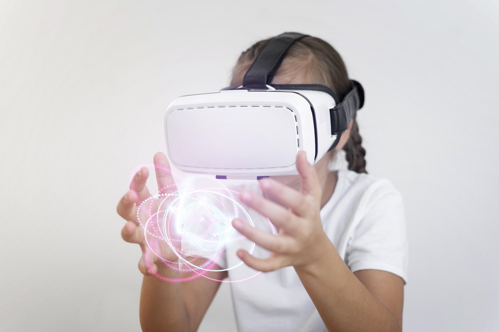 A girl plays with a VR headseats / She plays in a metaverse platform like Horizon Worlds