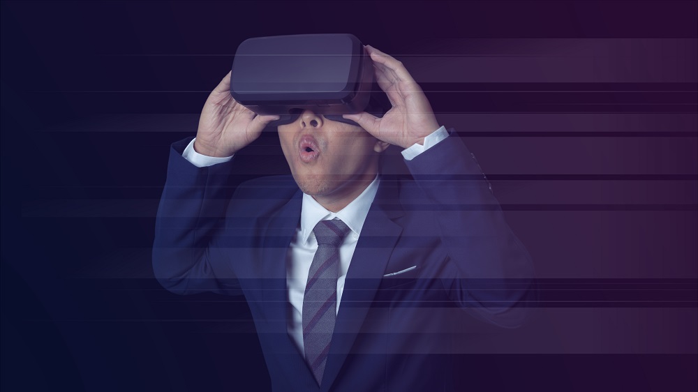Man wearing VR virtual reality Headset virtual Global Internet c