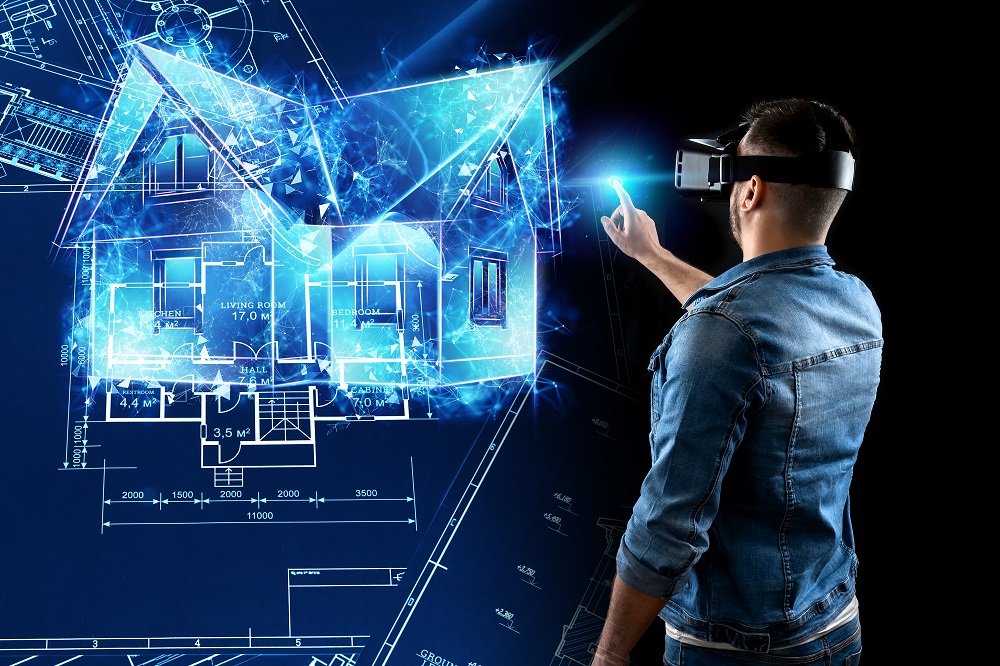 A man in mixed reality designs a building a hologram of a house. Construction, architecture concept